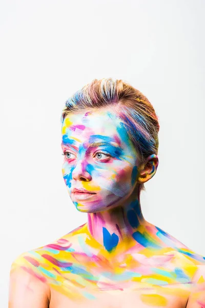Beautiful Woman Colorful Bright Body Art Looking Away Isolated White — стоковое фото