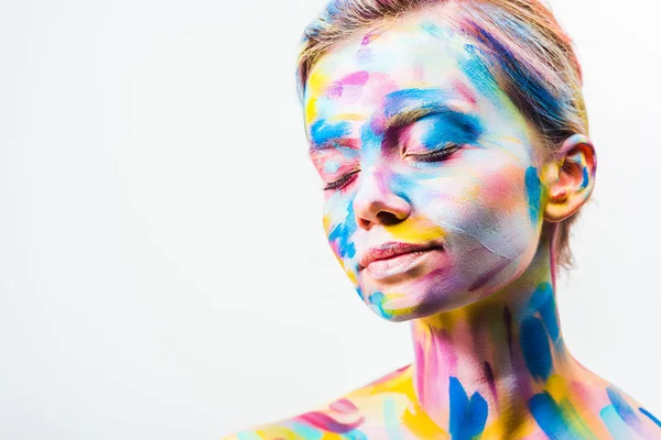 Attractive Girl Colorful Bright Body Art Standing Closed Eyes Isolated — стоковое фото