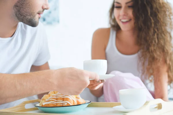 Cropped Shot Happy Young Couple Having Croissants Coffee Breakfast Bed — стоковое фото