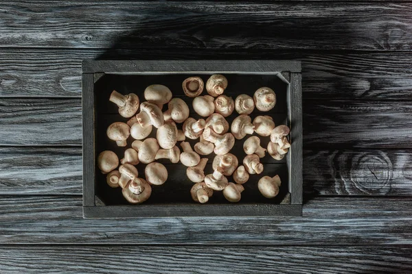 Top View Uncooked Champignon Mushrooms Box Grey Wooden Surface — стоковое фото