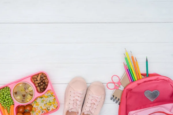 Top View Tray Kids Lunch School Bag Pencils Shoes White Стоковое Фото