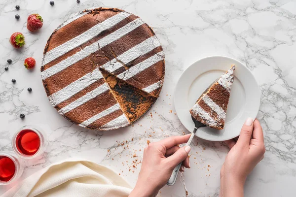 Cropped Shot Person Putting Piece Delicious Homemade Cake Plate Стоковое Фото