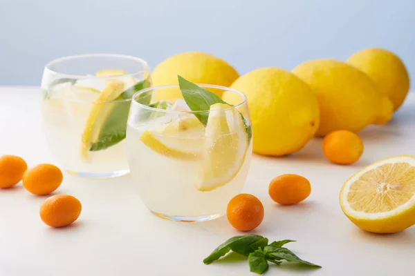 Два Стакана Лимонада Листьями Мяты Кубики Льда Дольками Лимона Окруженный — стоковое фото