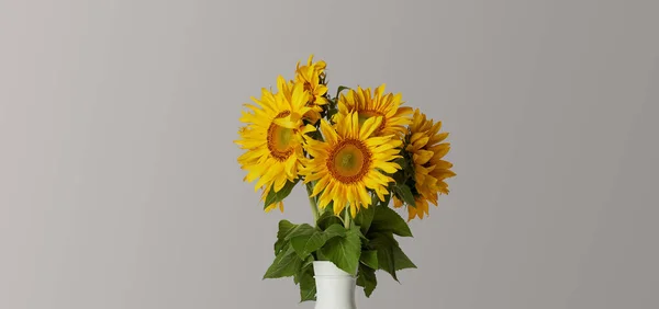 Bouquet Yellow Sunflowers Vase Isolated Grey — стоковое фото