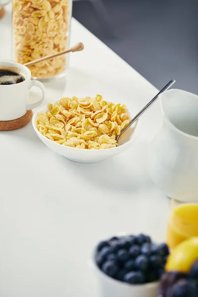 Close View Bowl Corn Flakes Cup Coffee Breakfast White Surface — стоковое фото
