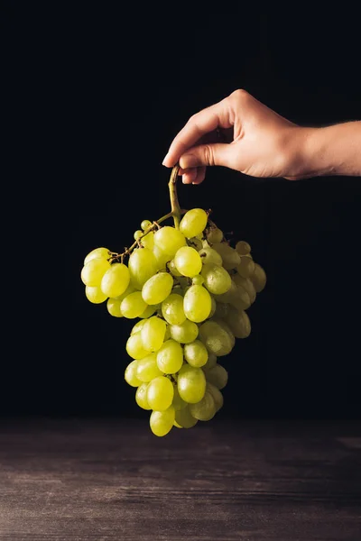 Cropped Shot Person Holding Bunch Fresh Ripe White Grapes Black — стоковое фото