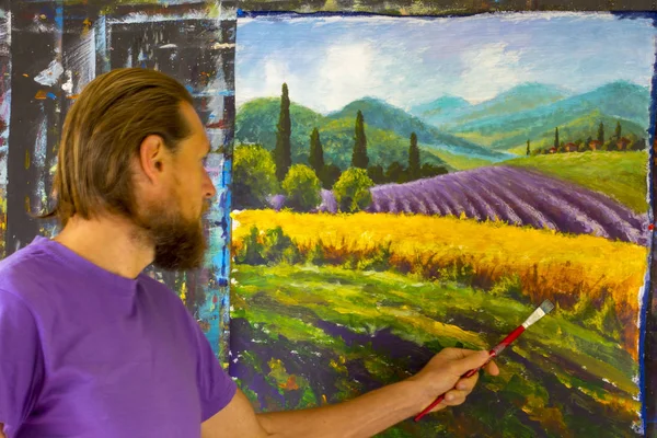 Bearded Man Painter Artist Draw Brush Lavender French Summer Rural Стоковое Изображение