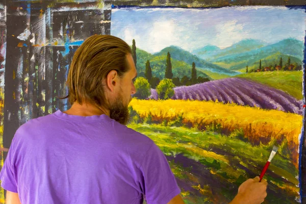 Bearded Man Painter Artist Draw Brush Lavender French Summer Rural Стоковое Фото