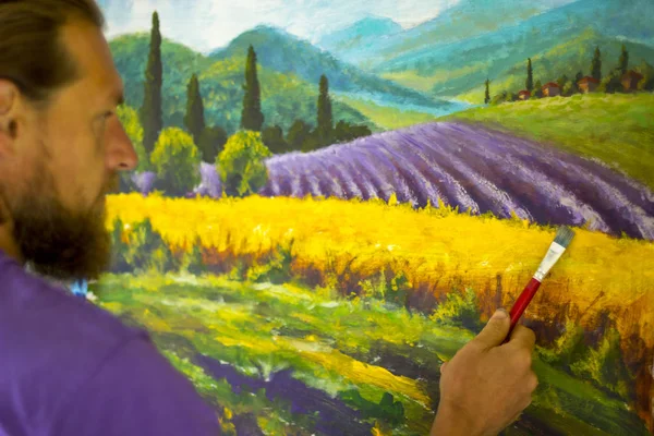 Bearded Man Painter Artist Draw Brush Lavender French Summer Rural Лицензионные Стоковые Изображения