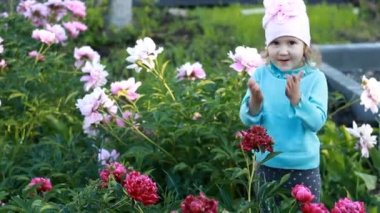 Child girl sends kisses in the garden with peonies. The concept of happiness, childhood and love — стоковое видео