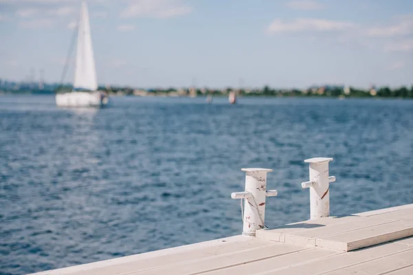 Empty Wooden Pier Yacht Background Summer Day Стоковое Фото