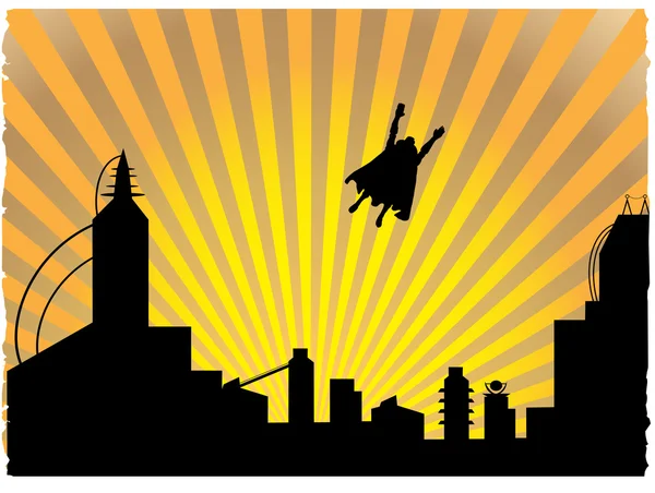 Силуэты супергероя, летит в го Лицензионные Стоковые Иллюстрации