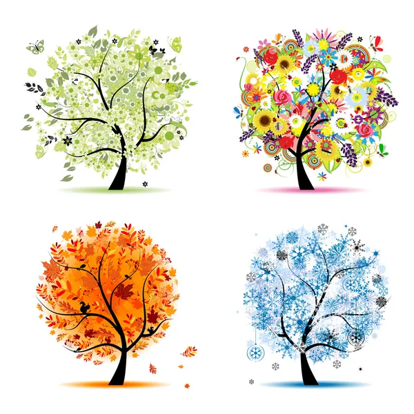 Времена года-Весна, лето, осень, зима. Искусство дерево красиво для вашего — стоковый вектор