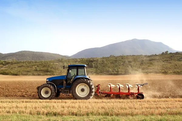 Трактор вспахивания сельского хозяйства на зерновых областях пшеницы — стоковое фото