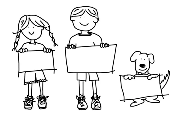 Дети и собаки, холдинг пустые знаки Иллюстрация Лицензионные Стоковые Изображения