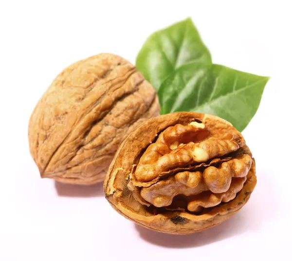 Грецкие орехи с листьями — стоковое фото