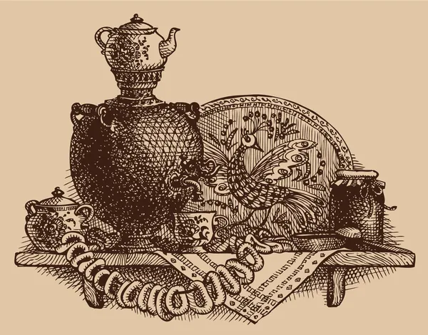 Вектор эскиз Натюрморт с самовара, бублики и джем — стоковый вектор