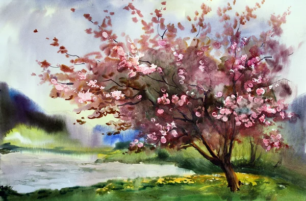 Акварельный пейзаж рисующего с цветущим весенним деревом с цветами — стоковое фото