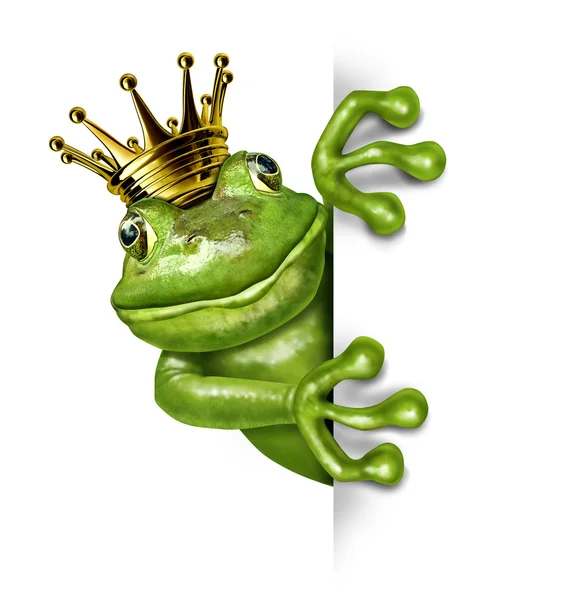 Принц лягушки с золотой короной, держащей вертикальный чистый знак — стоковое фото