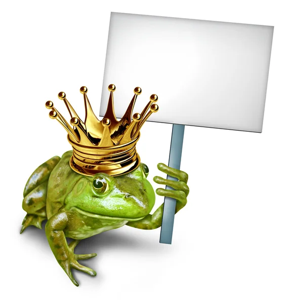 Принц лягушки, держащий чистый знак — стоковое фото