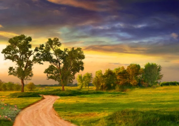 Красивый пейзаж картина показаны дороги, деревья, луг и stormy облака — стоковое фото