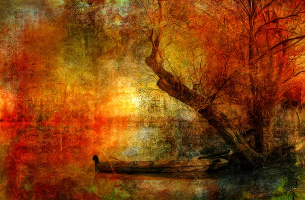 Жуткий красочный пейзаж Живопись показаны лодки на реке Лицензионные Стоковые Изображения