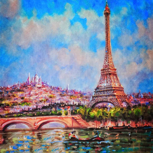Красочная живопись Эйфелевой башни и Сакре-Кер в Париже Лицензионные Стоковые Изображения