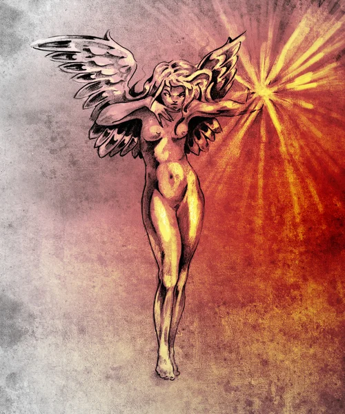 Эскиз тату искусства, фея Ангел, обнаженная женщина за красочные Папе — стоковое фото