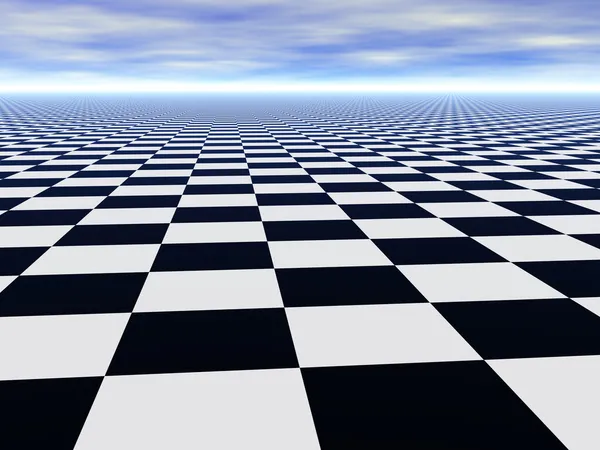 Абстрактный бесконечные шахматы пол и пасмурное небо — стоковое фото