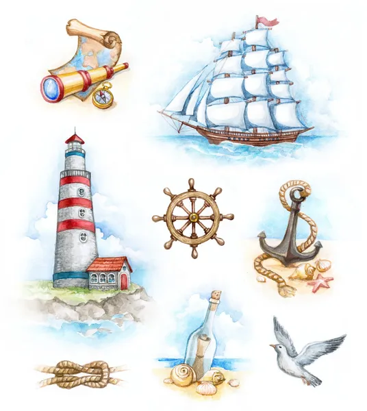 Набор морских Акварельные иллюстрации Стоковое Изображение