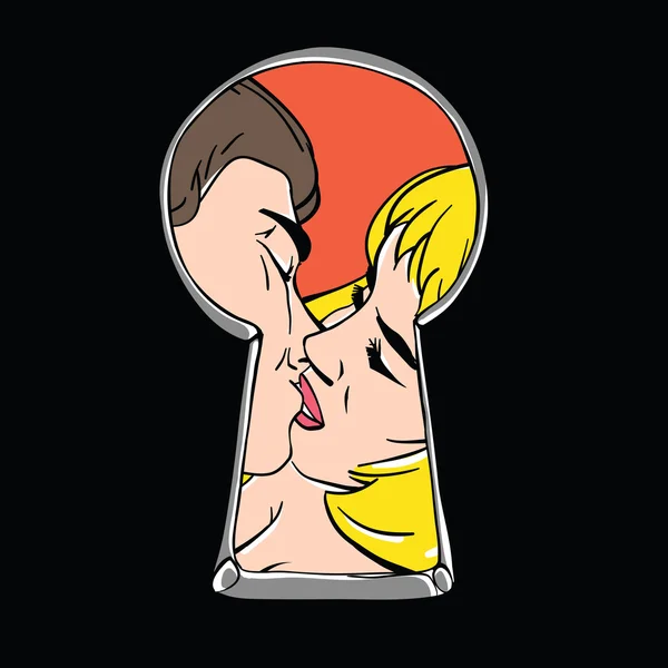 Подглядывание пара поцелуй через замочную скважину — стоковый вектор