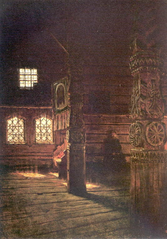 Внутренний вид деревянной церкви Петра и Павла в Пучуге. Этюд. — Верещагин Василий Васильевич 